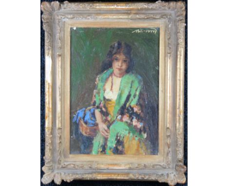 Signed, Impressionist Portrait of a Young Girl. 20th C. European School. Signed indistinctly upper right. Oil on board. Sight