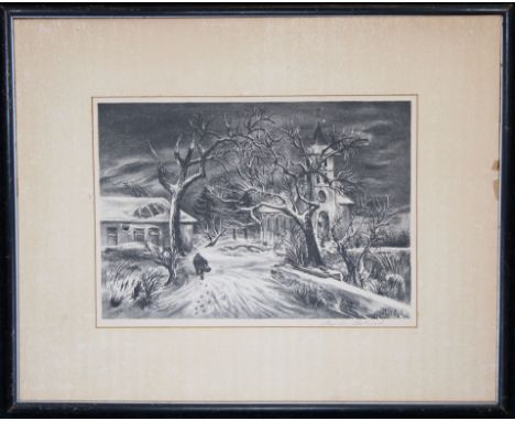 Aaron Bohrod (Wisconsin, Illinois, 1907 - 1992) "Church in Luxembourg" Medium: Lithograph. Year: 1946. Pencil signed lower ri