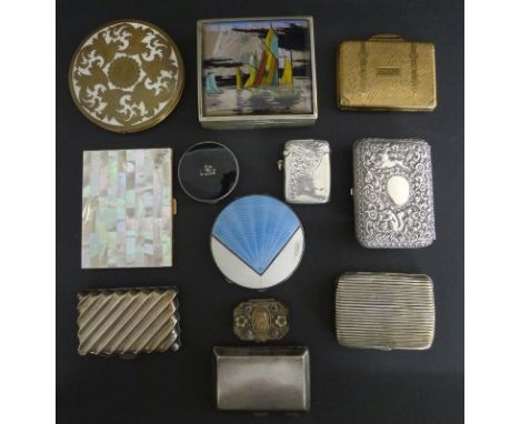 A selection of mostly silver items including three silver cigarette cases, respectively marked Birmingham 1883, Birmingham 19