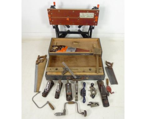 A painted pine carry tool chest, containing a selection of carpenter's woodworking and hand tools, including a Record No 075 