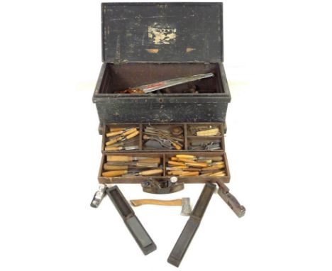 A painted pine tool chest, containing a quantity of 19th century and later woodworking and carpenter's tools, including a No 