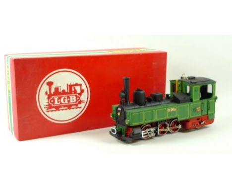 An LGB (Lehmann Gross Bahn) G scale, gauge 1, 0-6-2 steam tank loco, 2073D, green and black with red detail, later decals, bo