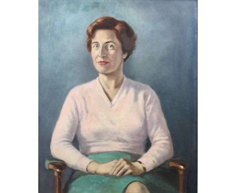 Leech: a portrait of a woman in a pink sweater, titled 'Mary .. I was an Aero Girl ..', oil on canvas, signed Leech '62 to th