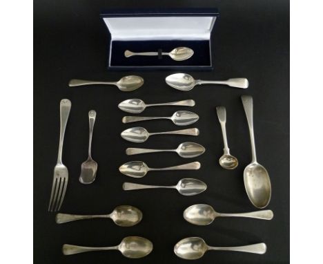 A group of Georgian and later silver flatware, comprising a set of six teaspoons, SA for Stephen Adams II, London 1808, a set