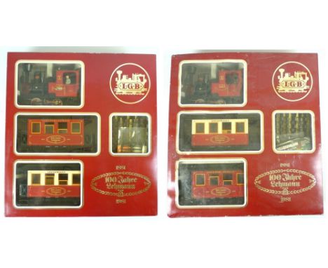 Two boxed sets of LGB (Lehmann Gross Bahn) G scale, gauge 1, the '100 Jahre Lehmann' edition featuring the Jubilaums Express,