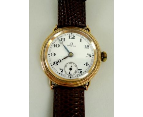 An Art Deco Omega 9ct gold cased gentleman's wristwatch, circa 1935, white enamel dial with black Arabic numerals, minute ban