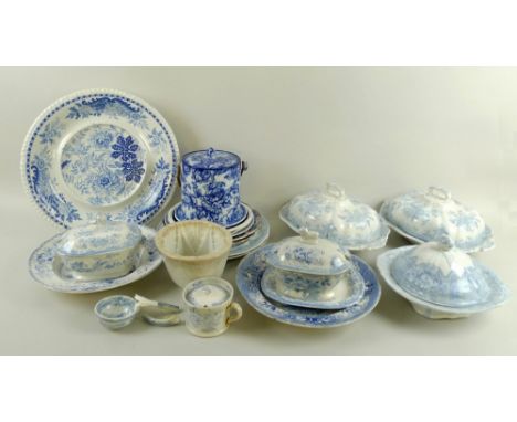 A mixed group of 19th century and later blue and white ceramics, to include three lidded tureens and three plates, in Asiatic