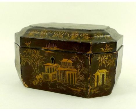 A George III papier mache tea caddy of rectangular bombe form, black Japanned, decorated with oriental figures in garden land
