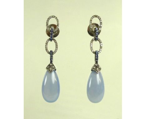 A pair of chalcedony, sapphire and diamond earrings, the jade drops with diamond set surmounts suspended from alternating dia