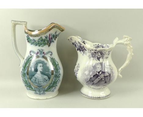 A Goodwin and Harris earthenware jug, circa 1830, of lobed baluster form, printed in underglaze lilac with 'Our Beloved King 