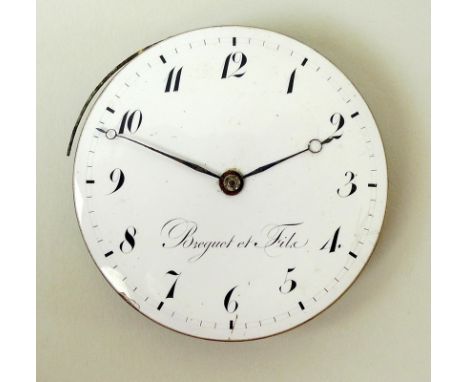 A Breguet et Fils pocket watch chiming movement only, circa 1830, with white 52mm enamel dial, black Breguet Arabic numerals,