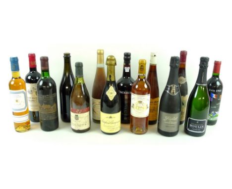 A mixed group of thirteen bottles of wine, including Ratafia de Champagne, Chateau de Ville George, Grand Cru Exceptionnel, H