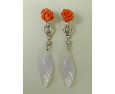 A pair of coral, jade and diamond drop earrings, formed as a white jade leaf suspended from diamond and connecting links, sur