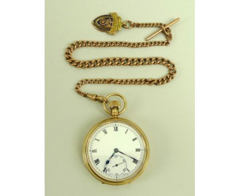 A 9ct gold pocket watch, 93.8g including movement, together with a 9ct gold watch chain and 9ct gold and enamel shield shaped