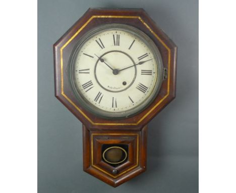 An American drop dial wall clock with octagonal mahogany case, 9 inch metal dial, printed black Roman numerals, signed 'Seth 