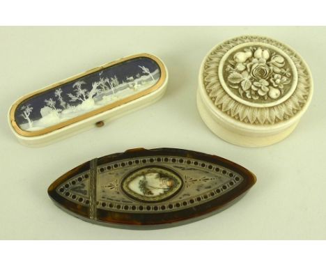 A collection of three 19th century boxes, comprising a tortoiseshell marquisette shaped patch box, the lid with pierced silve