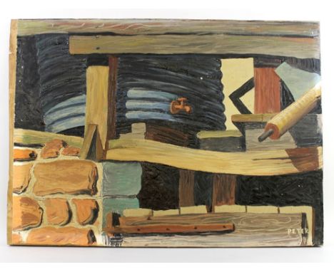 After Sir Peter Blake CBE. RA, (British, b,1932): a study of an interior with tap and rolling pin, oil on wooden panel board,