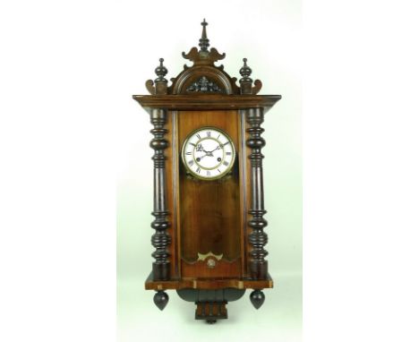 A Vienna wall clock with twin barrel movement, early 20th century, enamel dial and Roman numerals, in glazed mahogany case, w