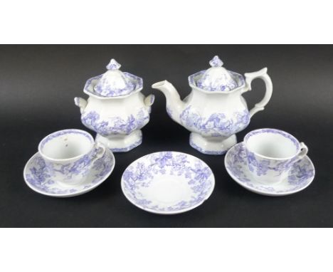 A late Victorian Empire Porcelain & Co child's tea set, decorated in transfer print blue and white with a fruiting vine patte