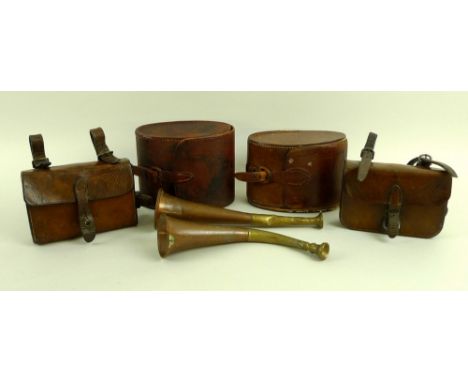 A group of hunting items, comprising two Edwardian pewter hunting sandwich boxes, both with original leather cases, each mark