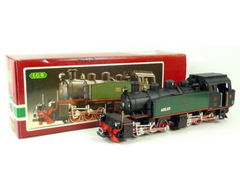 An LGB (Lehmann Gross Bahn) G scale, gauge 1, 0-6-6-0 tank loco, 5085D, green and black with red detail, later decals, boxed.