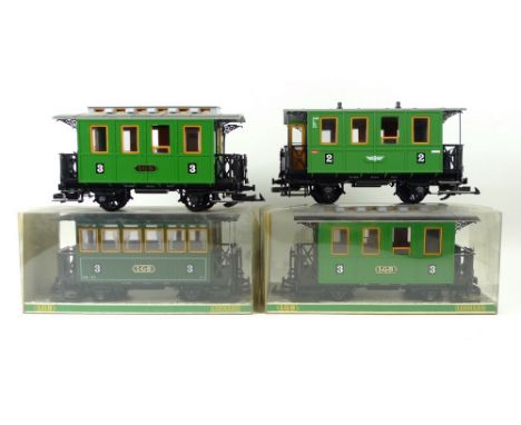 A group of LGB (Lehmann Gross Bahn) G scale, gauge 1, rolling stock, comprising ten passenger coaches, two tanker wagons, fou