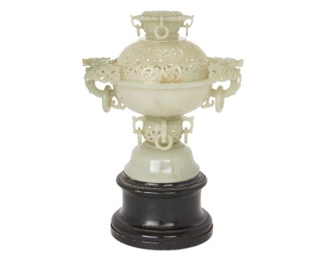 Property of a Gentleman (Lots 55-80)A Chinese pale green jade censer and cover, Republic period, the pierced cover with flowe