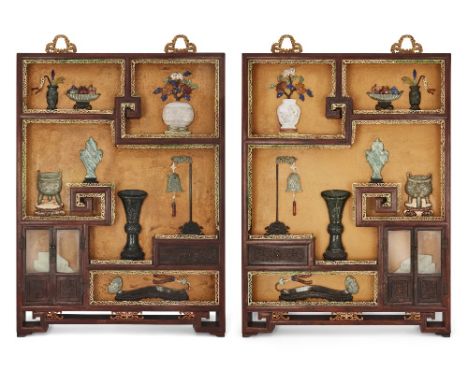 A pair of large Chinese lacquered jade and hardstone inlaid 'trompe l'oeil' display cabinet panels, late Qing dynasty, formed