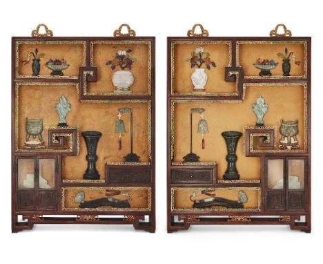 A pair of large Chinese lacquered jade and hardstone inlaid 'trompe l'oeil' display cabinet panels, late Qing dynasty, formed