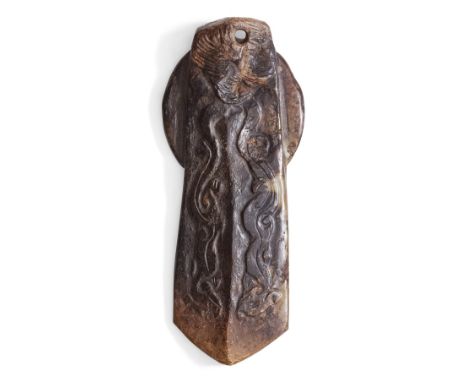 A Chinese jade archaistic ceremonial axe, 17th century, carved in low relief with two chilong, 14cm long十七世紀 仿古玉雕斧Please refe