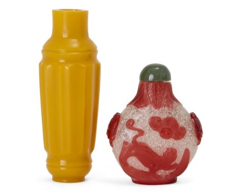 A Chinese yellow glass faceted cylindrical snuff bottle and a red overlay on snowstorm ground snuff bottle, Qing Dynasty, the