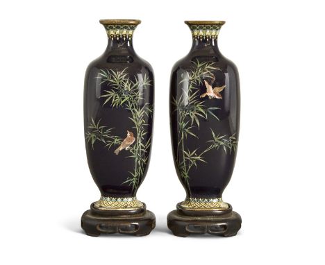 A pair of Japanese cloisonne enamel vases by Hayashi Kodenji, late Meiji period, finely decorated in gold and silver wire wit