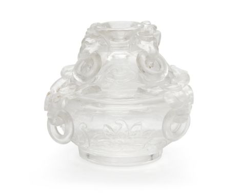 A Chinese rock crystal censer and cover, late Qing dynasty, the domed cover and base each with four mask and loose ring handl