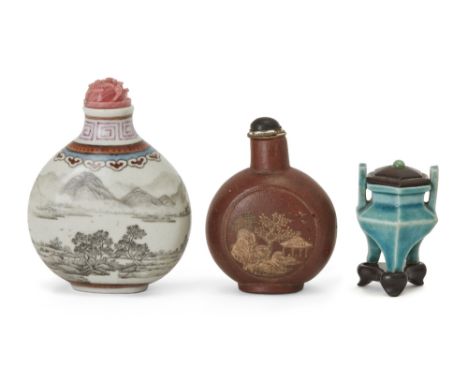 A Chinese Yixing stoneware snuff bottle, a Chinese famille rose and grisaille porcelain snuff bottle and a miniature turquois