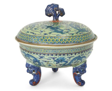 A rare Chinese doucai tripod 'dragons' vessel and cover, ding, 18th/19th century, the cover with lingzhi finial and painted w