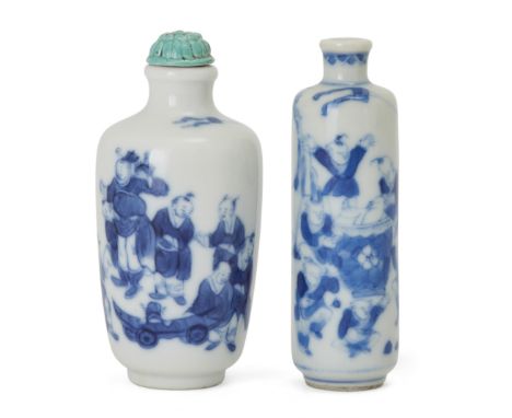 Two Chinese blue and white 'a hundred boys' snuff bottles, 19th century, the first of cylindrical shape, 6.8cm high, the seco