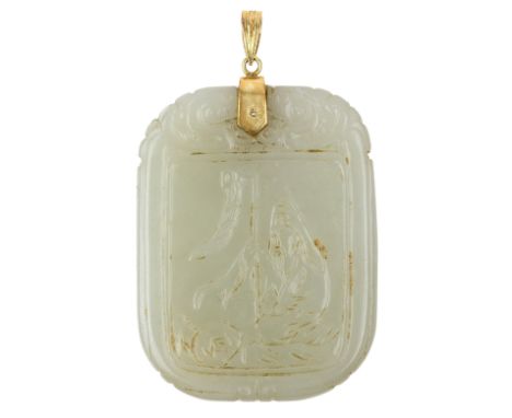 A Chinese pale celadon jade plaque, 19th/20th century, carved to one side with an immortal holding a banner, Chinese inscript