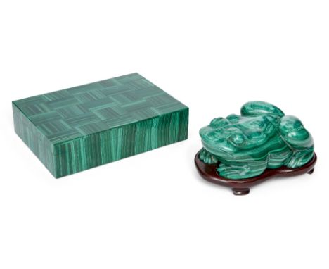 A Chinese malachite frog and an Art Deco-style malachite box, 20th century, the frog naturalistically carved, with a hardwood