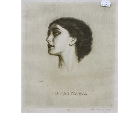 After Viktor Stretti (1878-1957) Czech Female head studySignd and dated 1929, lithograph; together with a mid 20th century po