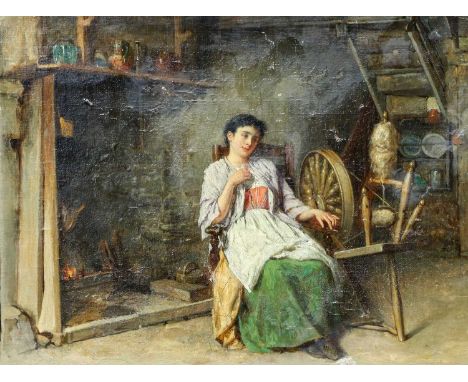 Circle of Frederick Daniel Hardy (1826-1911) A spinner woman seated at her wheel in a cottage interiorOil on canvas, 33cm by 