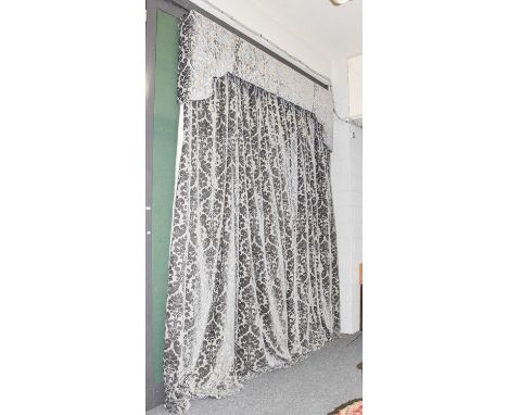 Two pairs of grey modern cut velvet style curtains on grey ground with gathered header, black out lining, 349cm drop by 330cm