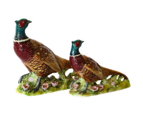model No. 1225A and 1226A, (both first version) with flowers in high relief on base, brown and green gloss (2)