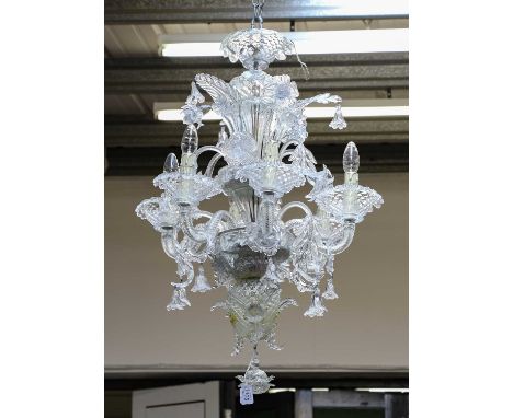 A concentric cut glass drop hanging light, and a Venetian glass chandelier (lacking one branch) (a.f.) (2)Condition report: V