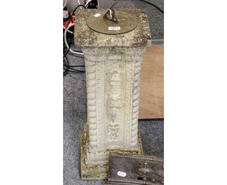 A brass garden sundial raised on square plinth, 67cmCondition report: Minor edge chips and weathering.