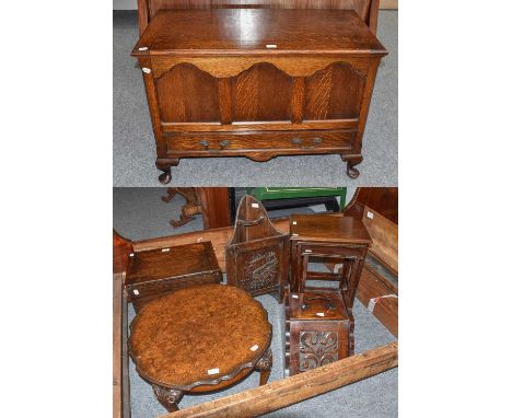 A group of 1920's and other furniture, comprising: two oak blanket chests, a narrow open bookcase, 38cm by 116cm, an oak coal