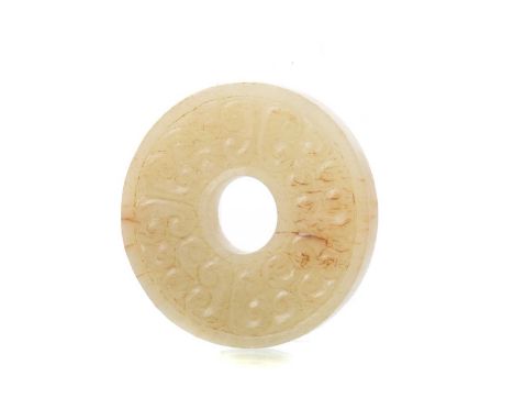 CHINESE JADE BI DISC 19TH/20TH CENTURY of archaistic form3.5cm diameterNibbles to both outer edges. Light surface scratches.