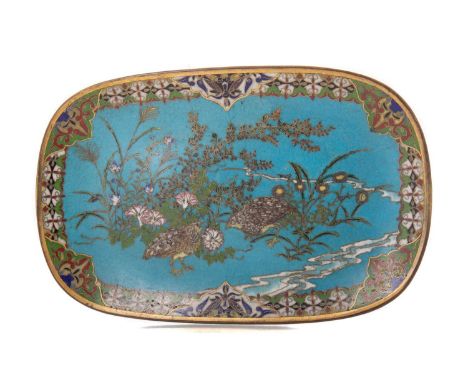 CHINESE CLOISONNE ENAMEL OVAL TRAY 19TH CENTURY decorated with two quails on turquoise ground within patterned border, lotus 