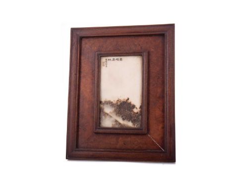 CHINESE CERAMIC PLAQUE QING DYNASTY in mahogany framethe plaque 16cm x 9cm, overall 30cm x 23.5cmSurface&nbsp;scratches evide