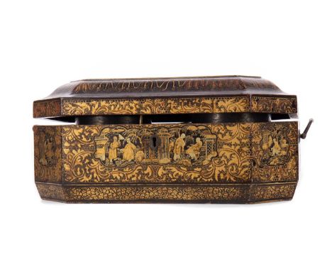 CHINESE LACQUERED TEA CADDY 19TH CENTURY  with profuse gilt decoration of figures and architectural scenery, the hinged lid o