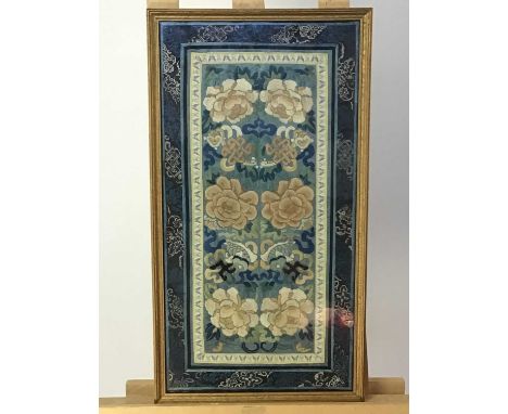 CHINESE EMBROIDERED SILK PANEL 20TH CENTURY  with floral decoration, along with another (2)the first 66.5cm x 36cm, the secon